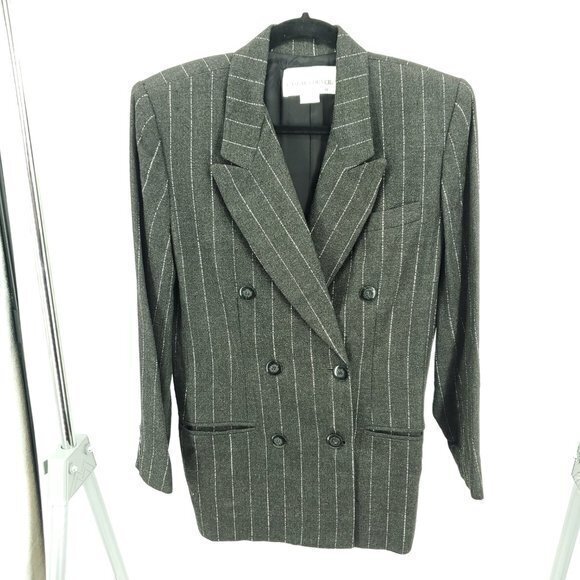 VTG 90s Casual Corner Double Breasted Long Line Pinstripe Blazer 8P Gray/White - Picture 1 of 16